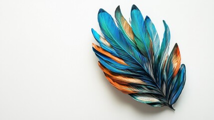 A beautifully arranged feather displays a mix of vibrant blue and orange hues on a light surface.