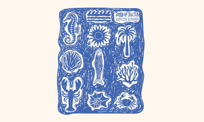 Crab and lobster design. Sound of the sea. Seashell vintage artwork. Summer vibes artwork. Seashell line drawing.	