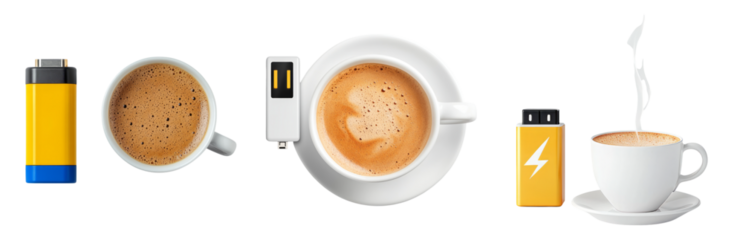 Isolated Coffee Cups and Battery Icons on Transparent Background