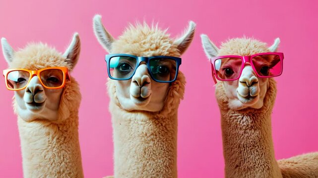 Three alpacas wearing colorful sunglasses against a pink background. One pair is orange, another is yellow, and the third is red.