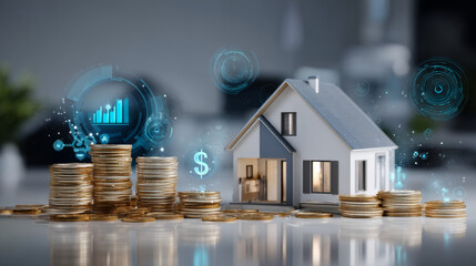 Mortgage isometric landing page. Cottage house with scatter coins and hourglass. Hypothec loan, debt, personal bank consumer credit offer for buying home by installments. 3d vector line art web banner