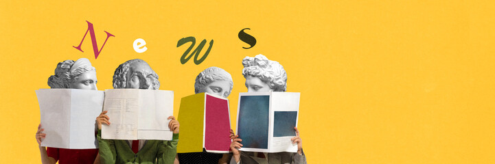 Contemporary art collage. Four people with ancient statue heads peek from open newspapers while...