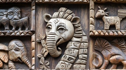 Malagasy wooden carvings with symbolic folk motifs in open market