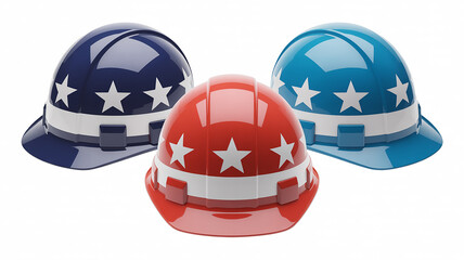 Three Hard Hats in Red White and Blue with Stars Patriotically Designed for Construction Safety