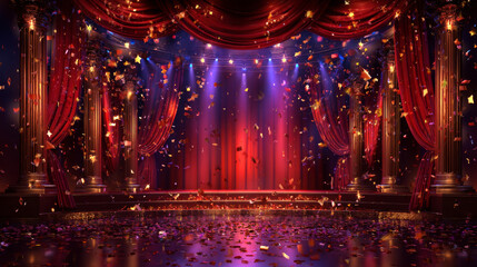 Show time festival banner, theater stage, red curtains, columns and confetti fall on wooden floor. Invitation flyer for award ceremony, concert, music or dance performance, Cartoon vector illustration