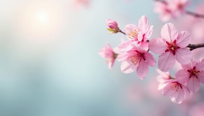 Obraz premium Delicate pink cherry blossoms, soft pastel background, floral, tree