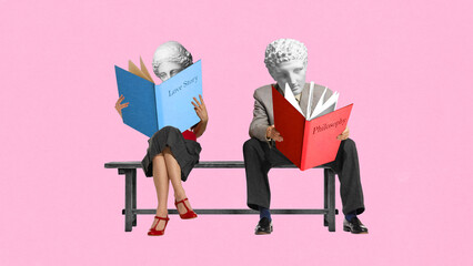 Surreal art design. Man and woman with classic bust heads sit on bench reading books titled Philosophy and Love Story with neutral expressions. Concept of contrast, knowledge, romantic, date