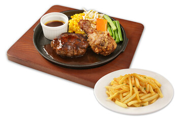 beef hamburg & fried chicken, vegetables, demi glace sauce with french fries 