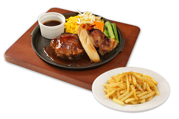 beef hamburg & grilled chicken, sausage, vegetables, demi glace sauce with french fries 
