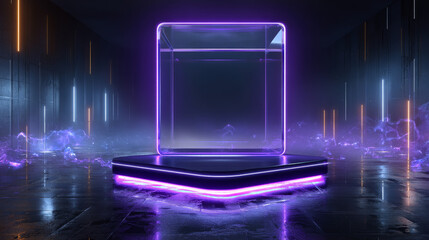 3d purple square neon light podium glow for game. Led effect hologram and product display platform in dark scene. Cyber laser room and pedestal for casino winner presentation. Realistic shine arena