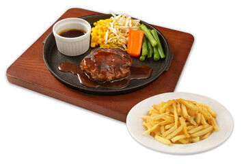 beef hamburg, vegetables, demi glace sauce with french fries 