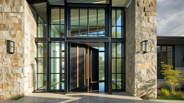 Modern home entrance featuring a stone facade, black framed glass, and large pivot door