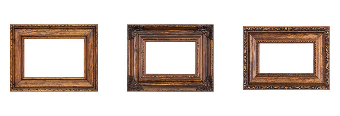 Set of vintage wooden picture frames   isolated on transparent or white background	
 