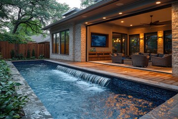 Modern pool house with a cascading water feature.