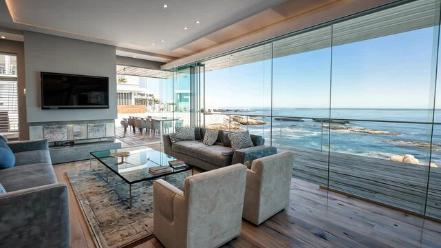 Luxurious modern living room with ocean view, floor-to-ceiling windows, grey sofas, cream armchairs, and hardwood floors
