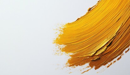 Golden paint stroke, vibrant yellow, against white backdrop, textured, flowing, artistic, paintbrush, abstract