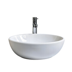 Minimalist white ceramic vessel sink isolated on plain background with clean round design