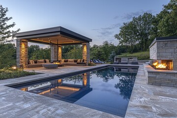 Modern outdoor patio area with pool and pergola.