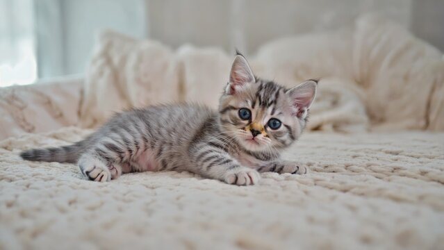 Adorable grey tabby kitten with blue eyes, lying on a cream-colored knitted blanket - Powered by Adobe