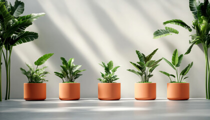 Fototapeta premium Five stylish potted plants in modern terracotta pots on display.