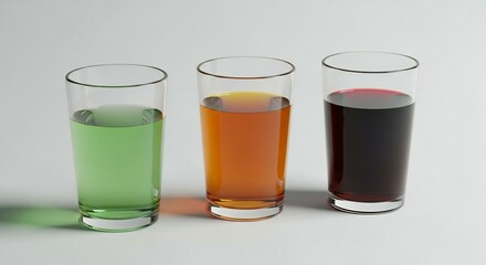 Three glasses filled with different colored beverages.