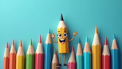 A cartoon pencil character with a happy expression standing in front of a row of colorful pencils