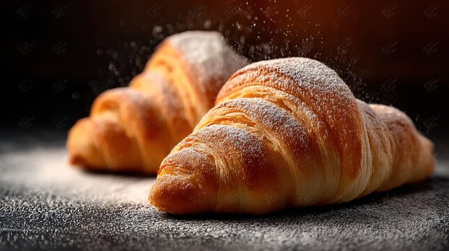 Golden croissants dusted with powdered sugar on dark background for bakery and breakfast concept