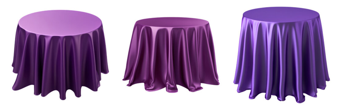 Three Stylish Purple Tables with Flowing Tablecloths on Transparent Background