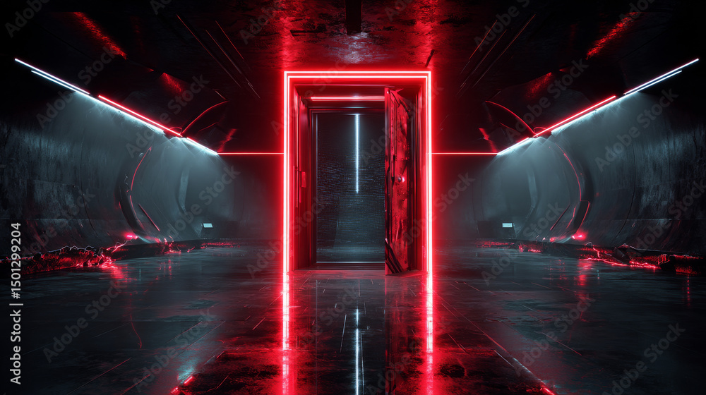 Poster open door on red glitch background. vector realistic illustration of neon lines on black backdrop wi