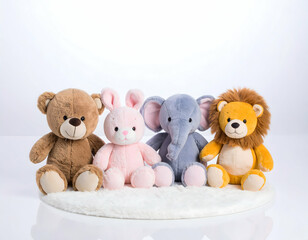 A delightful arrangement of plush toys including a bear, bunny, elephant, and lion on a soft rug against a bright background