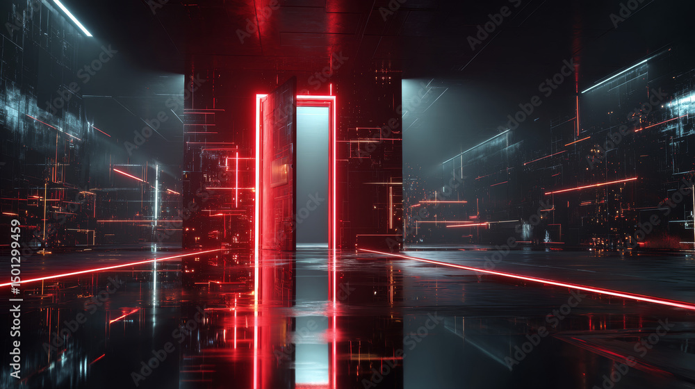 Poster open door on red glitch background. vector realistic illustration of neon lines on black backdrop wi