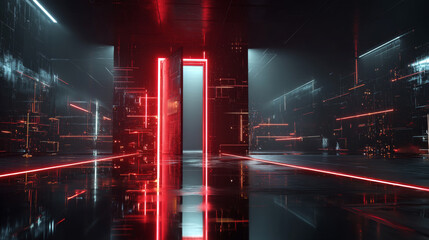 Open door on red glitch background. Vector realistic illustration of neon lines on black backdrop with futuristic portal, computer system error, cyber security network, information technology tunnel