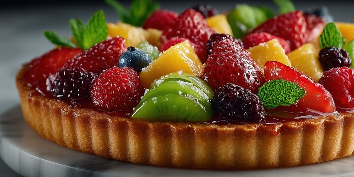 Fruit tart close-up, colorful mixed fruit dessert with glazed berries and tropical fruits arranged on a crisp pastry shell - Powered by Adobe