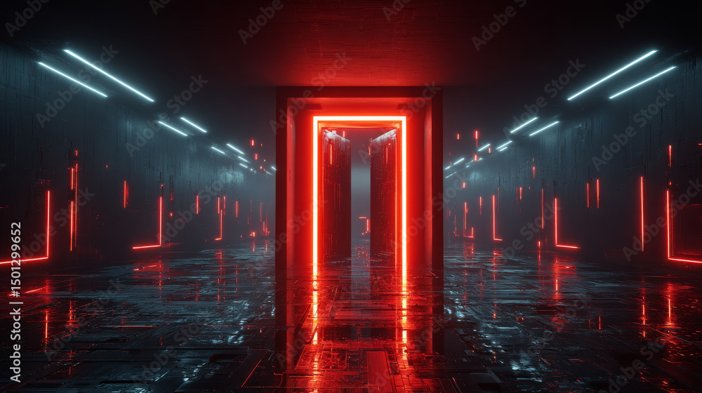 Poster open door on red glitch background. vector realistic illustration of neon lines on black backdrop wi