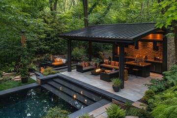 Obraz premium Elegant outdoor patio area with a modern gazebo.