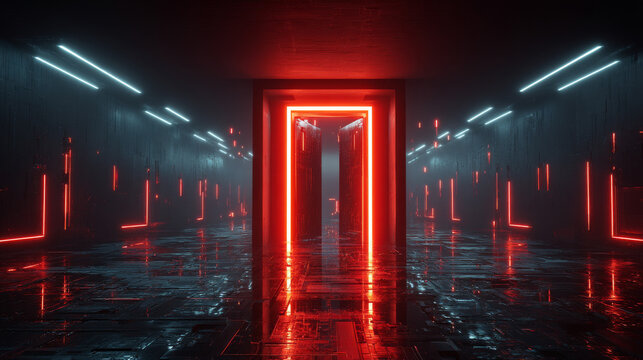 Open door on red glitch background. Vector realistic illustration of neon lines on black backdrop with futuristic portal, computer system error, cyber security network, information technology tunnel
