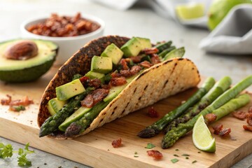 Charred asparagus tacos with fresh avocado and crispy bacon for a delicious meal