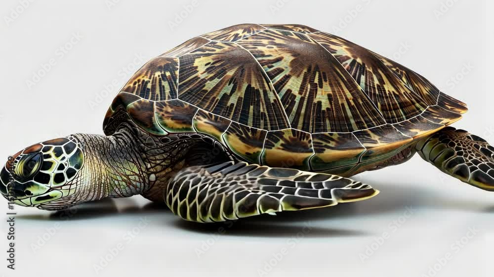 Poster close-up of a turtle resting with its head turned to the side. the shell's pattern is unique and int