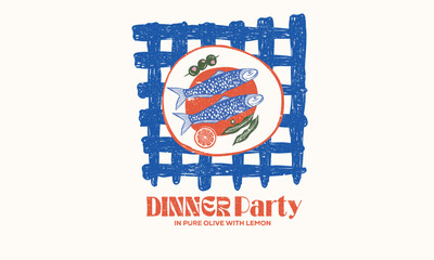 Fish vintage artwork. Sardines love club. In pure olive and lemon. Dinner party. Sardines fish artwork for t shirt print, poster, sticker and other uses.