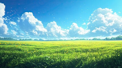A vibrant field of sunflowers under a bright blue sky with fluffy white clouds anime style landscape art