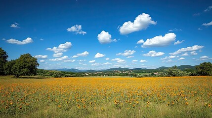 Obraz premium A vibrant field of sunflowers under a bright blue sky with fluffy white clouds on a sunny summer day