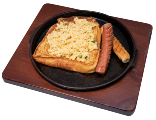 toast with scrambled egg and sausages