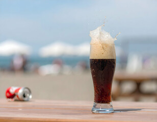 A refreshing glass of dark soda with frothy bubbles splashing, set against a sunny beach with distant umbrellas