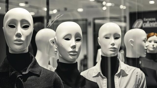 A collection of mannequins arranged in a store's window to showcase clothing styles and designs.