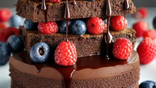 Stacked brownie dessert with berries, drenched in chocolate sauce
