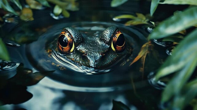 A close-up of a poison dart frog, hiding among leaves and bromeliads