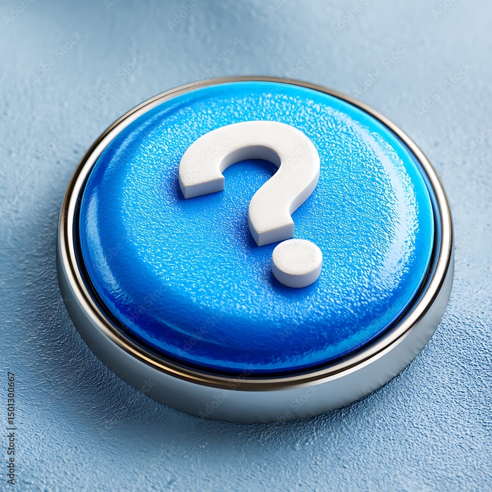 Poster blue round button with white question mark symbol, illustrating confusion, inquiry, and problem solv