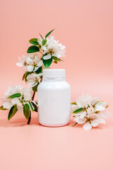 Jar with pills on pink background. Health concept. Medicine, pills, flu and cold, headache