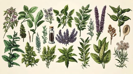 An illustration of various herbs and plants with a small bottle of peppercorns and a wooden spoon