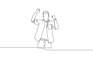 Continuous line drawing of cheering man holding fists, One line drawing of cheering businessman holding fists. One line art concept of business success. Vector illustration.
